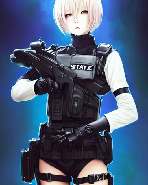 Image similar to 2 b, anime key visual of a young female swat officer, neon, cyberpunk, futuristic, white outfit, black swat vest, swat helmet, holding pdw, stunning, highly detailed, digital painting, smooth, soft focus, illustration, poster, japanese typography, digital art from artstation by artgerm and greg rutkowski and alphonse mucha