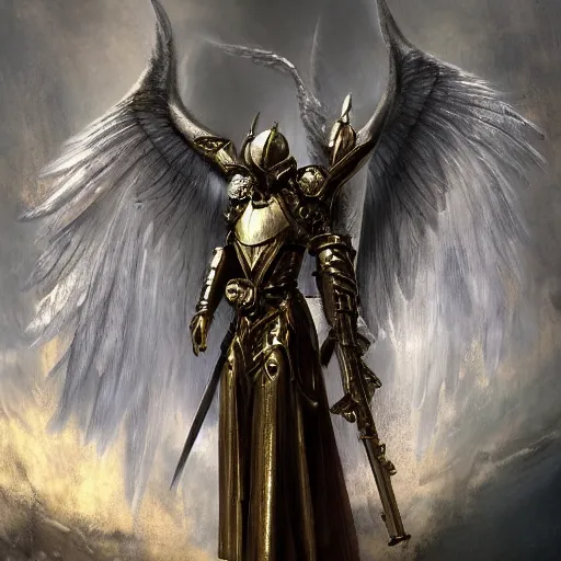 Image similar to an archangel of the high heavens with heavy armor, artstation hall of fame gallery, editors choice, #1 digital painting of all time, most beautiful image ever created, emotionally evocative, greatest art ever made, lifetime achievement magnum opus masterpiece, the most amazing breathtaking image with the deepest message ever painted, a thing of beauty beyond imagination or words, 4k, highly detailed, cinematic lighting