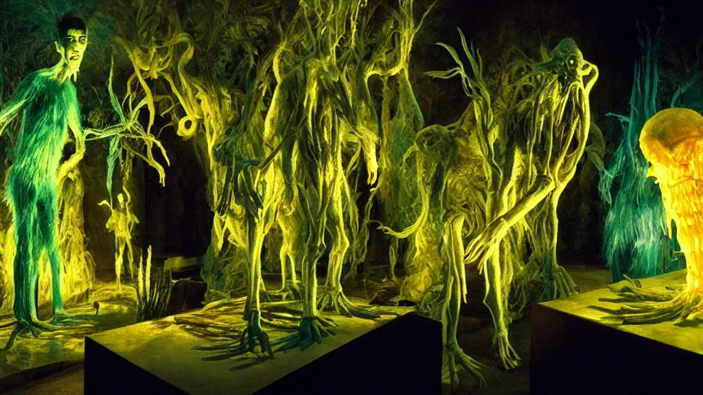 Prompt: museum of strange creatures, made of glowing oil, film still from the movie directed by denis villeneuve and david cronenberg with art direction by salvador dali and dr. seuss