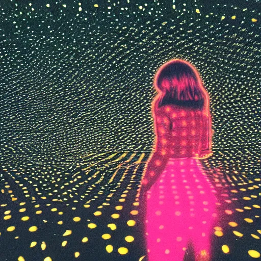 Image similar to a woman standing on steps in a field at night, a hologram by kusama, instagram, optical illusion, full body, ultra hd, neon