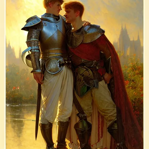 Image similar to attractive arthur pendragon and his attractive male knight, they are in love, natural lighting, path traced, highly detailed, high quality, digital painting, by gaston bussiere, craig mullins, alphonse mucha j. c. leyendecker