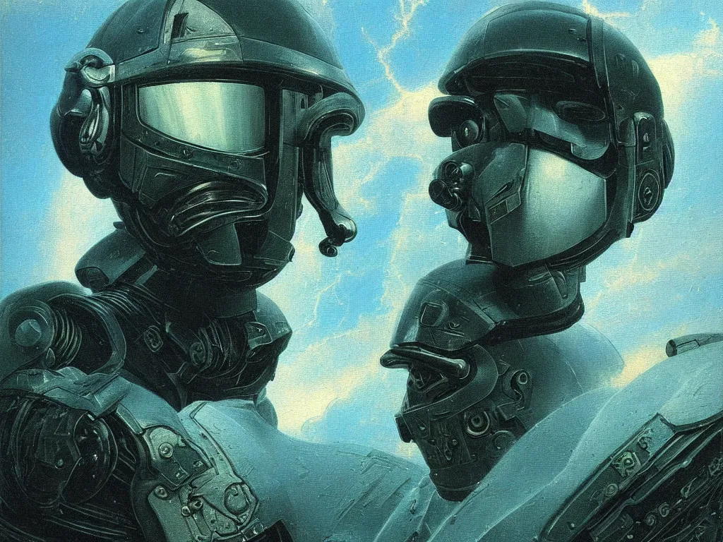 Image similar to a detailed close up portrait painting of a bounty hunter in combat armour and visor. cinematic sci-fi poster. Flight suit, accurate anatomy. portrait symmetrical and science fiction theme with lightning, aurora. lighting. clouds and stars. Futurism by beksinski carl spitzweg moebius and tuomas korpi. baroque elements. baroque element. intricate artwork by caravaggio. Oil painting. Trending on artstation. 8k