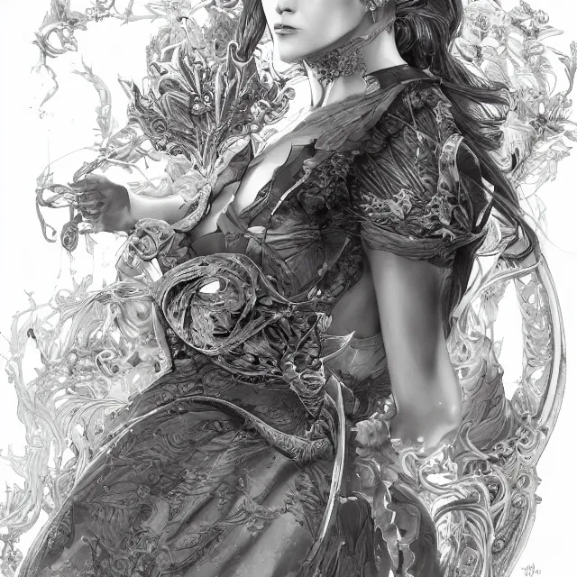 Image similar to the portrait of the lawful evil sorceress lawyer as an absurdly beautiful, graceful, elegant, sophisticated, woman, an ultrafine hyperdetailed illustration by kim jung gi, irakli nadar, intricate linework, bright colors, octopath traveler, final fantasy, unreal engine 5 highly rendered, global illumination, radiant light, detailed and intricate environment