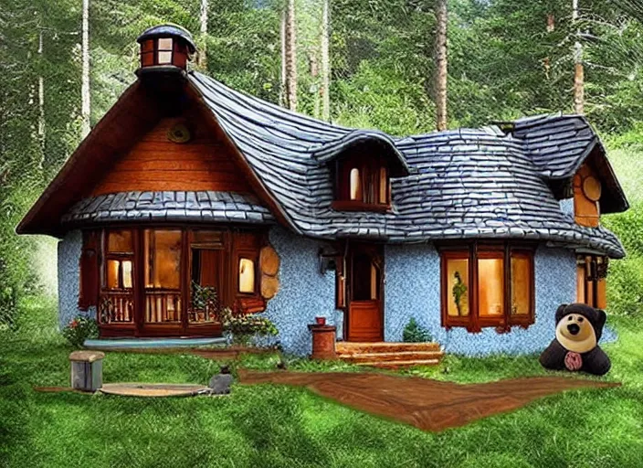 Image similar to fantasy house, house shaped like a bear sleeping