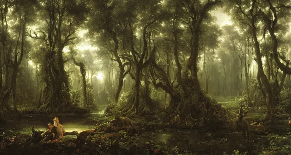 Image similar to A dense and dark enchanted forest with a swamp, by Guillaume Seignac