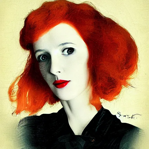 Image similar to portrait of a redhead woman by stanisław witkiewicz, mixed technique