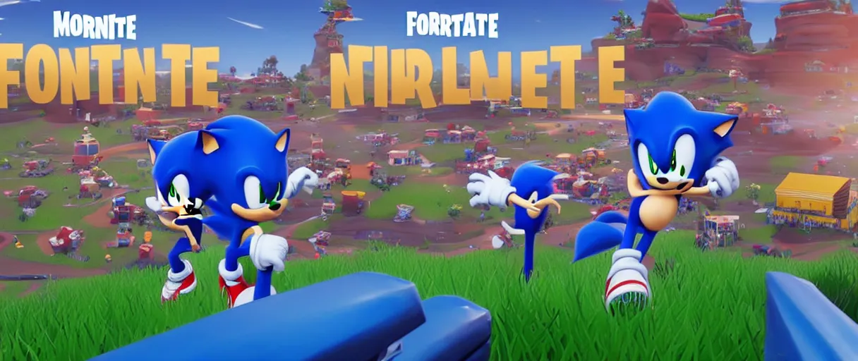 Image similar to sonic in fortnite announcement advertising