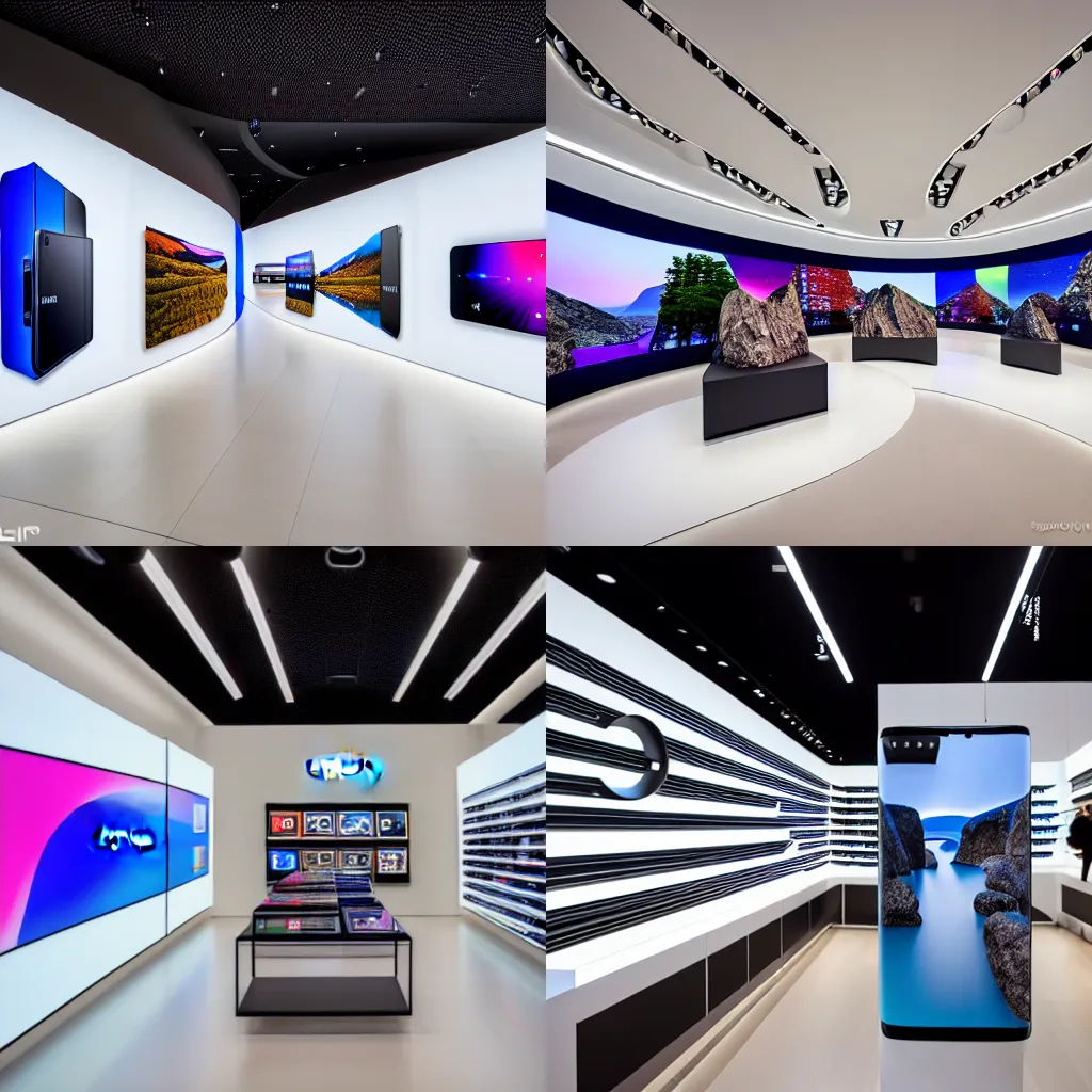 Prompt: (2020s flagship retail interior Samsung Microsoft Apple) XF IQ4, 14mm, f/1.4, ISO 200, 1/160s, 8K, RAW, unedited, symmetrical balance, architectural photography, in-frame !!!!!!!!!!!!!!!!!!!!!!!!!!!