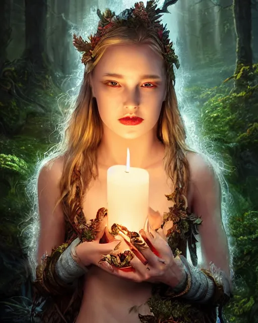 Image similar to portrait high definition photograph cute girl holding a candle fantasy character art, hyper realistic, pretty face, hyperrealism, iridescence water elemental, snake skin armor forest dryad, woody foliage, 8 k dop dof hdr fantasy character art, by aleski briclot and alexander'hollllow'fedosav and laura zalenga