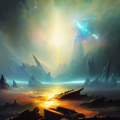 Prompt: ''cinematic shot'' a galaxy dragon made of all the galaxy in the space flying making peace in the universe stars planets realistic atmosferic made by ivan aivazovsky, peter mohrbacher, greg rutkowski volumetric light effect broad light oil painting painting fantasy art style sci - fi art style realism premium prints available artwork unreal engine