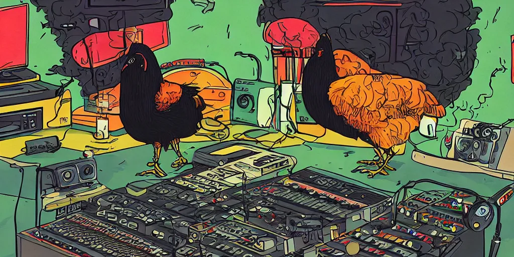 Image similar to 'black chicken'!!! smoking 'cannabis'!!!!!! in front of 'audio console'!!!! and 'multi monitors'!!!! 'in a hi-tech tv broadcasting studio'!!!!, artwork by James Gilleard