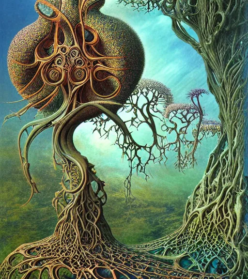 Image similar to tree of life by roger dean and andrew ferez, art forms of nature by ernst haeckel, divine chaos engine, symbolist, visionary, art nouveau, botanical fractal structures, organic, detailed, realistic, surreality