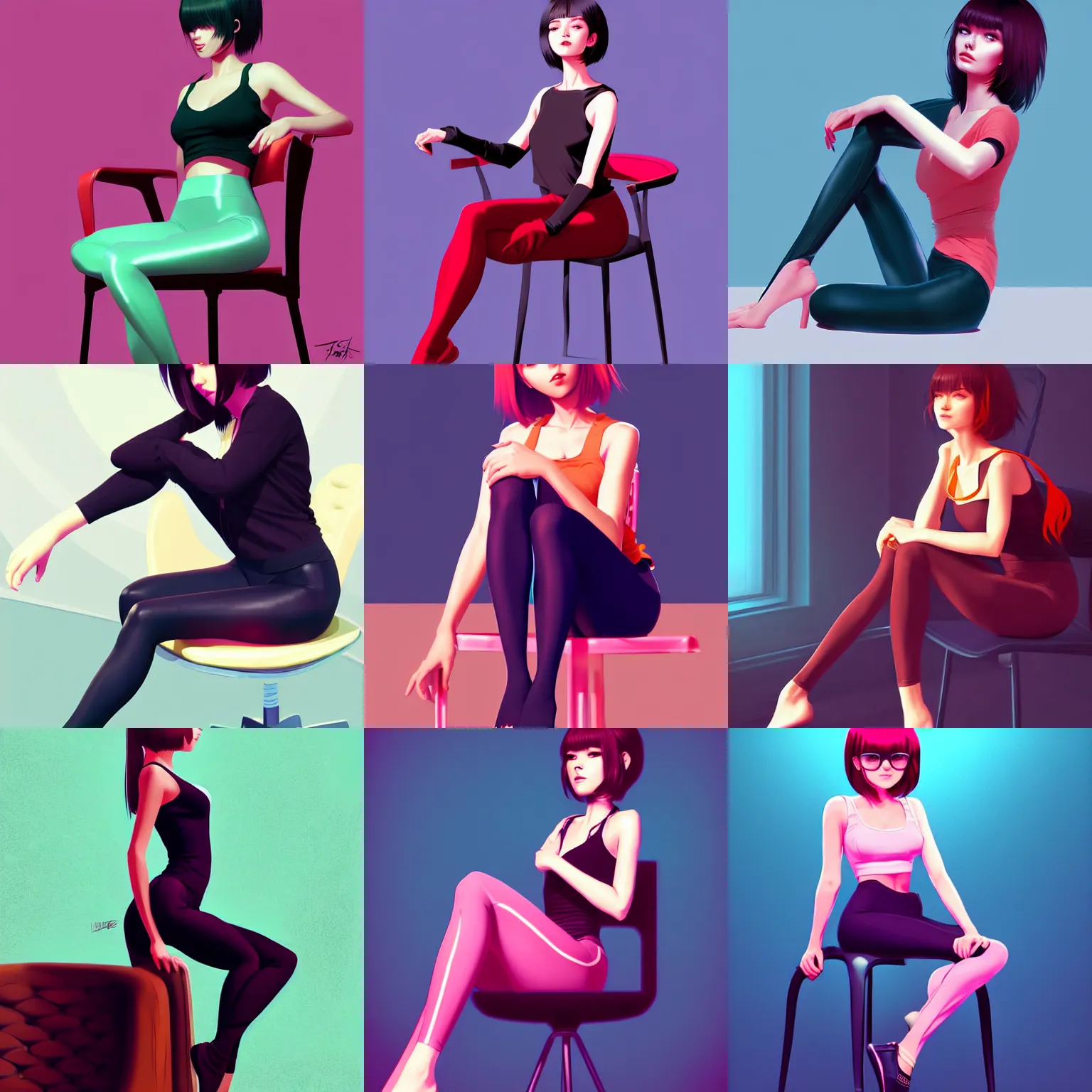 Prompt: gorgeous woman sitting in a chair wearing leggings. high definition digital art, in the style of ilya kuvshinov and Ross tran