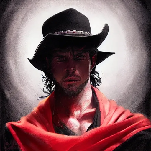 Prompt: cowboy dressed in black and a red scarf, portrait, digital art by cedric peyravernay, lise deharme, artgerm, john harris, greg rutkowski, yukito kishiro