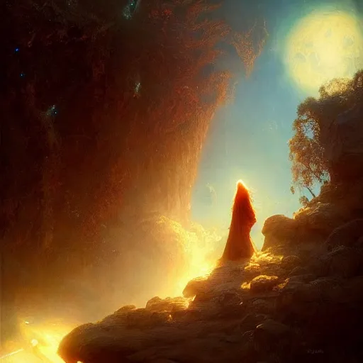 Image similar to giant shining crescent in a magic fluffy persian carpet dimension, by greg rutkowski and gaston bussiere, dim lighting, beautiful volumetric - lighting - style atmosphere, surreal atmosphere, intricate, detailed, photorealistic imagery, artstation