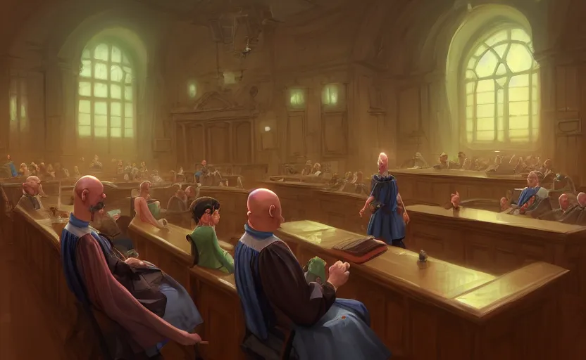 Image similar to the courtroom, close up a bald man in a skirt, no blur, 4 k resolution, ultra detailed, style of marc simonetti, tyler edlin, deviantart