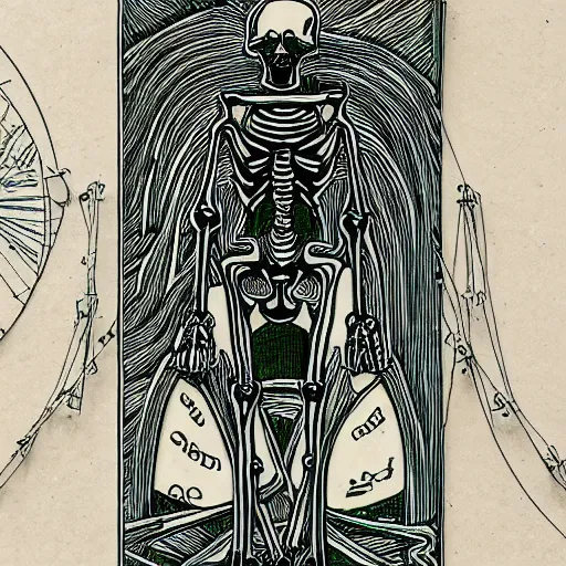 Image similar to tarot card style skeleton made from metal and wires, extremely detailed, line work, black and green, parchment, card, tarot, manuscript, 8 k