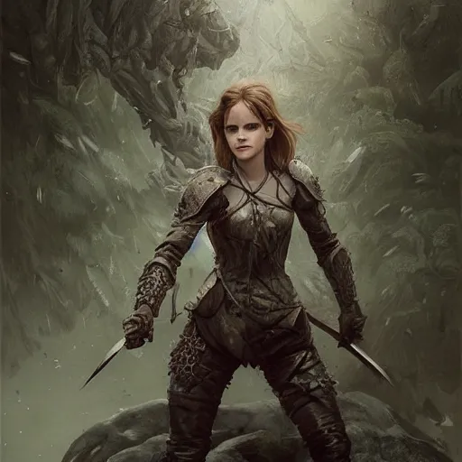 Prompt: portait of a heavily armoured emma watson swinging her long sword forest monster, front game card, drark, marvel comics, dark, intricate, highly detailed, smooth, artstation, digital illustration by ruan jia and mandy jurgens and artgerm and wayne barlowe and greg rutkowski and zdislav beksinski