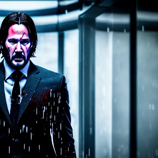 Image similar to john wick blood splattered, ( sony a 7 r iv, symmetric balance, polarizing filter, photolab, lightroom, 4 k, dolby vision, photography awardm, voque, perfect face )