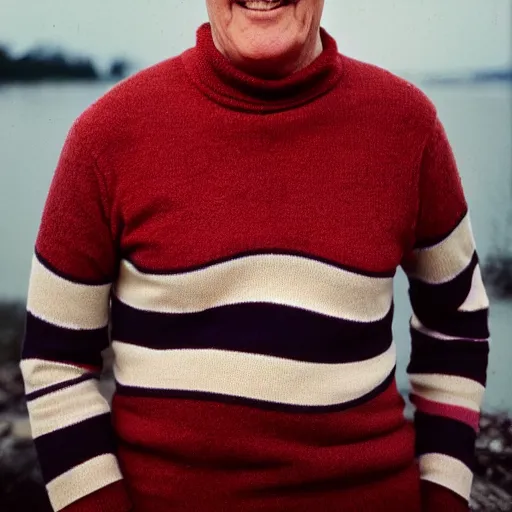 Image similar to werner herzog wearing a where's wally red and white striped turtleneck top. realistic photo.