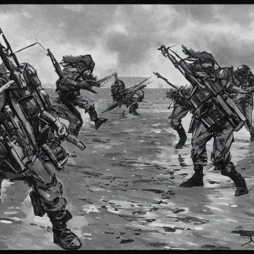 Image similar to Dinosaur soldiers storming Normandy beach in World War II, Yoji Shinkawa