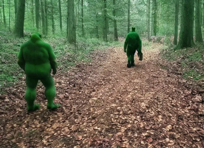 Image similar to trail cam footage of shrek walking through the woods at night, hyper realistic photo, grainy