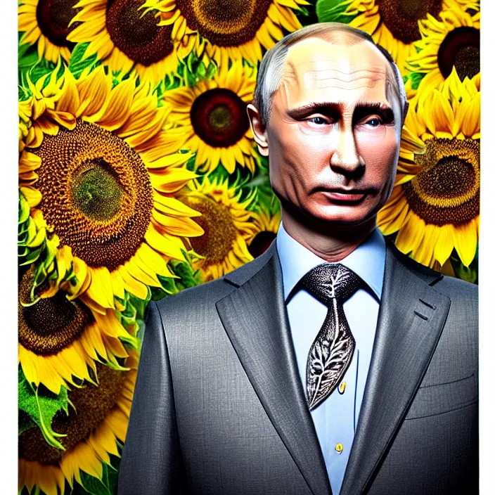 Image similar to photo portrait of Vladimir Putin - sunflowers - dressed in leisure shirt with ornamental ethereal sunflower pattern, natural skin tone, highly detailed realistic flowers ornament on the shirt, war in the background, hair, eyebrows and wrinkles are intricate with highly detailed realistic flowers, elegant, Realistic, Refined, Highly Detailed, natural soft pastel lighting colors scheme, fine art photography by Cecil Beaton, volumetric lighting, hyper realistic photography