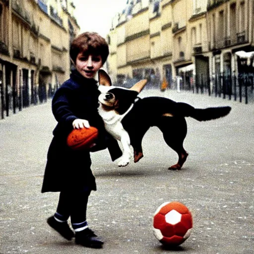 Image similar to a french boy on the streets of paris playing football against a corgi, the dog is wearing a polka dot scarf, book illustration, 1 9 6 6