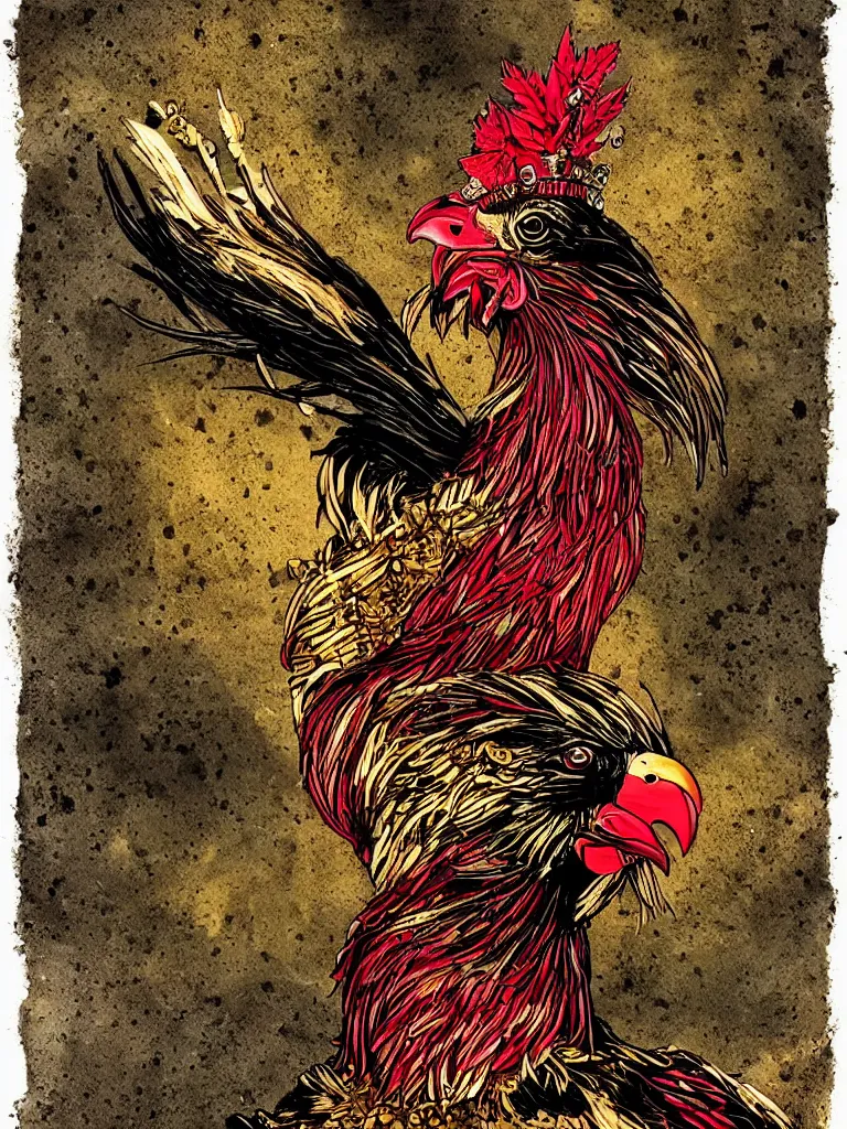 Prompt: dark military portrait of a majestic Fat!!!! Black Rooster, the King of rooster old decrepit tarot card, avian warrior, red gold black royal tarot card background, with blunt brown border, with green Cannabis Leaves, ultra-detailed pen and ink illustration, vibrant red colour and shiny gold, sharp focus, matte painting, symmetrical, golden ratio, cgsociety, concept art, 8k, octane render, artstation, art by Gerald Brom and by greg rutkowski and Alphonse Mucha and john kenn mortensen