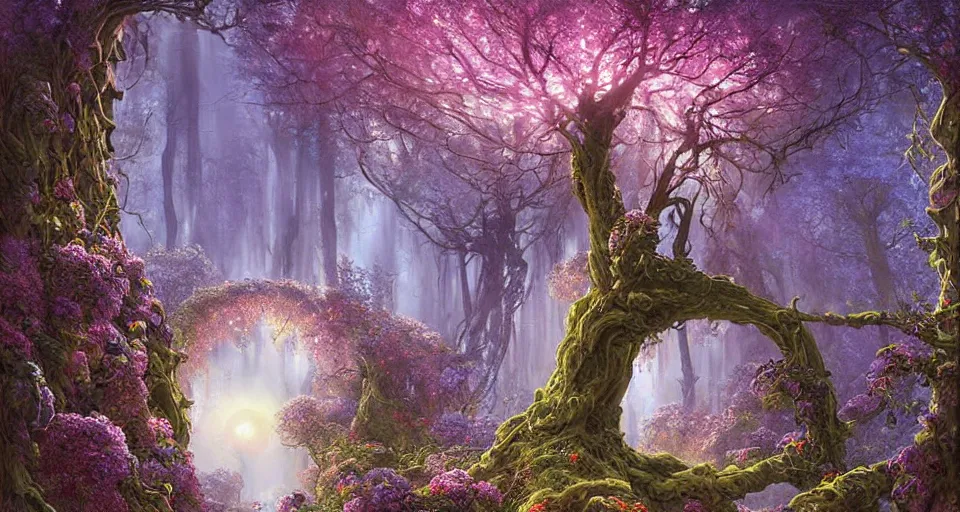 Image similar to a large alien shrine shrouded by mystic nebula magic in a field of flowers, ferdinand knab, breath - taking beautiful trees, streams, flowers, and mist, an aesthetically pleasing, dynamic, energetic, lively, complex, intricate, detailed, well - designed digital art of trees, streams, flowers, and mist, early morning, light and shadow