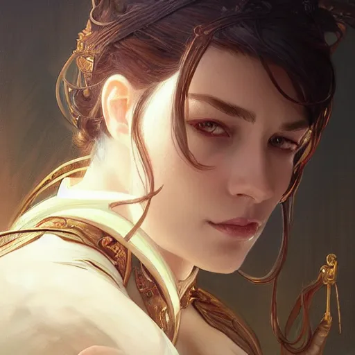 Prompt: portrait of a female captain, D&D, fantasy, intricate, elegant, highly detailed, digital painting, artstation, concept art, smooth, sharp focus, illustration, art by artgerm and greg rutkowski and alphonse mucha