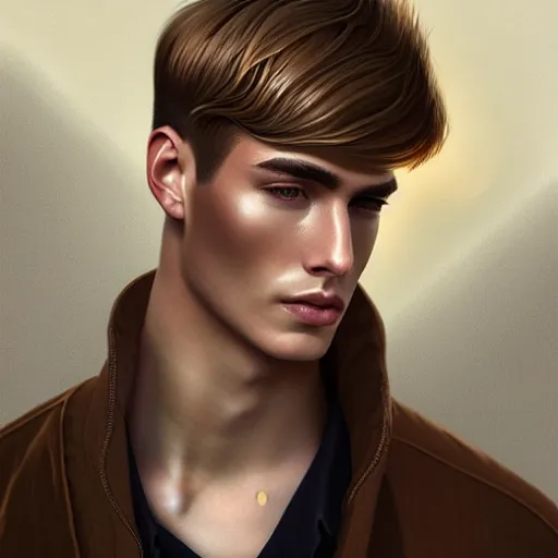 Image similar to tall man in his twenties with brown blond short quiff hair and thin slightly round facial structure with cleft chin, straight eyebrows and prominent nose, good definition of cheekbones, big hazel nut brown eyes, narrow face, slim body, atmospheric lighting, painted, intricate, 4 k, highly detailed by charlie bowater