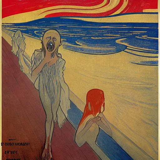 Image similar to the munch scream on a beach during a thunderstorm, poster art by mucha