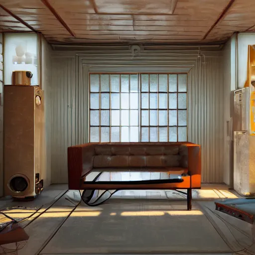 Image similar to Sci fi living room engine room, electric wallpaper, unreal engine 5 tech demo, zillow interior, cool tint, metallic reflective, octane render, Frank Lloyd Wright ((Studio Ghibli))