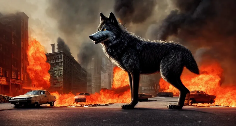 Prompt: A beautiful hyper realistic ultra detailed lifelike matte painting of a scruffy black Timber Wolf standing in the middle of a post-apocalyptic New York City street with cars and buildings engulfed in flames on fire, unreal engine, deviantart, flickr, artstation, octane render, textured, colorful, extreme realistic detail, physically based rendering, pbr render, very detailed, volumetric lighting, detailed lighting, octane render, 4k, cinematic lighting, 8k resolution