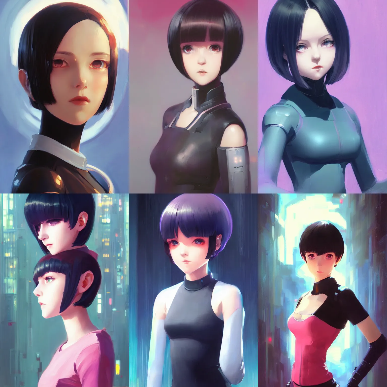 Prompt: a portrait of a cute young female android with black bob cut hair, sci-fi setting, vivid colors, soft lighting, atmospheric, cinematic, moody, in the style of Ilya Kuvshinov and Range Murata, Krenz Cushart, oil on canvas, 8k