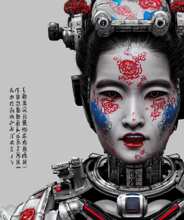 Image similar to an epic fantastic realism comic book style portrait painting of a japanese robotic geisha with kanji tattoos and decals, apex legends, octane render, intricate detail, 4 k hd, unreal engine 5, ex machina, irobot