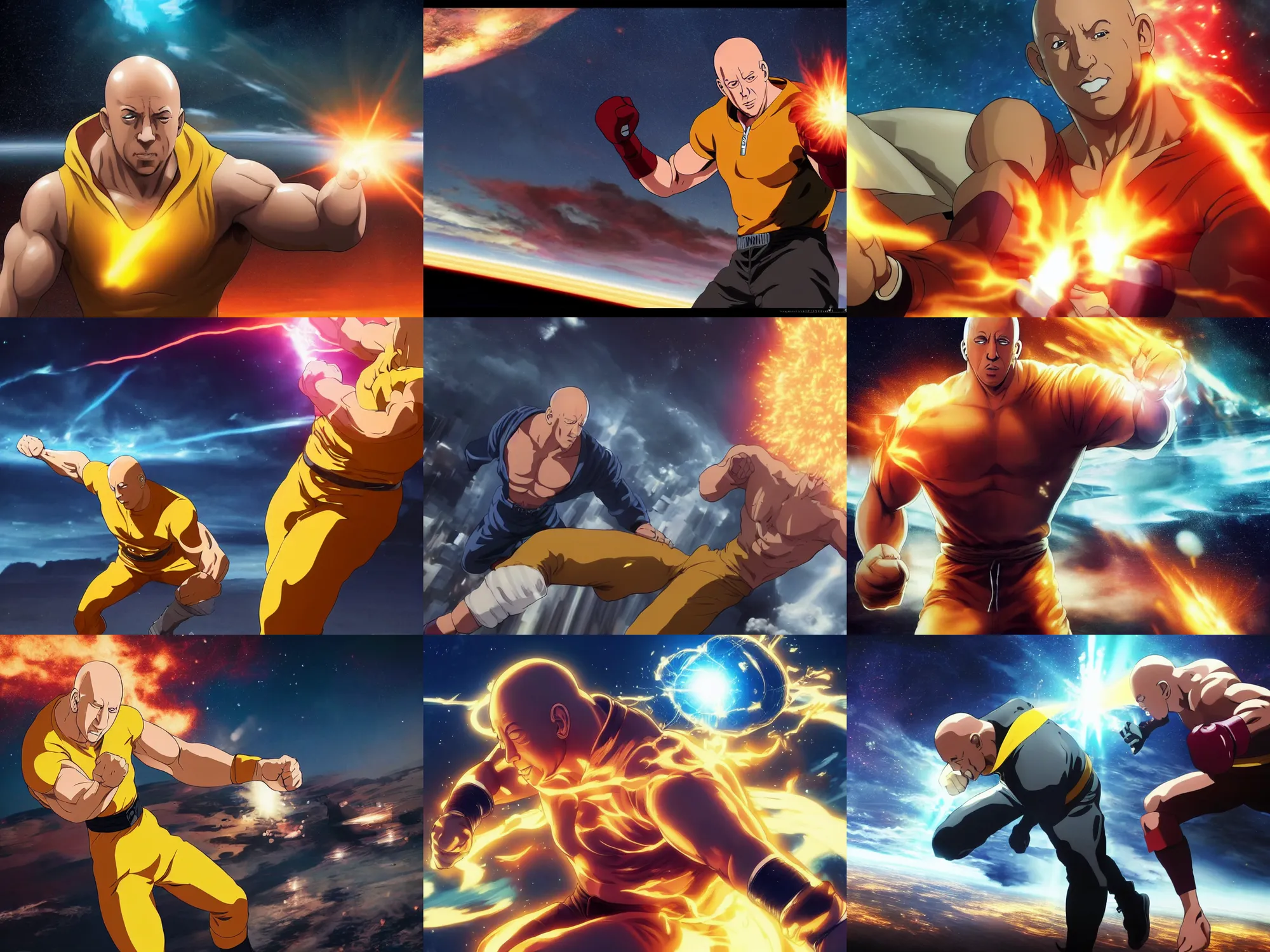Prompt: vin diesel as saitama punching!!! a car!!!!!! into space, ultra realistic, lens flare, atmosphere, glow, detailed, intricate, full of colour, cinematic lighting, trending on artstation, 4 k, hyperrealistic, focused, extreme details, unreal engine 5, cinematic, masterpiece