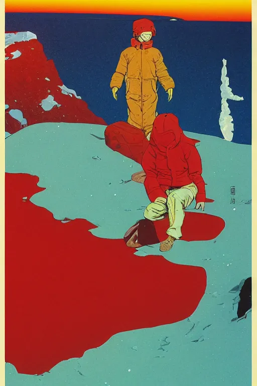 Image similar to a closeup portrait of an young man taking mind altering drugs, a blotter paper of lsd acid and dreaming psychedelic hallucinations in the vast icy landscape of antarctica, by kawase hasui, moebius, edward hopper, colorful flat surreal design, hd, 8 k, artstation