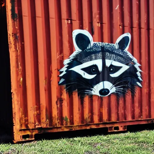 Image similar to raccoon graffiti on rusty green shipping container,