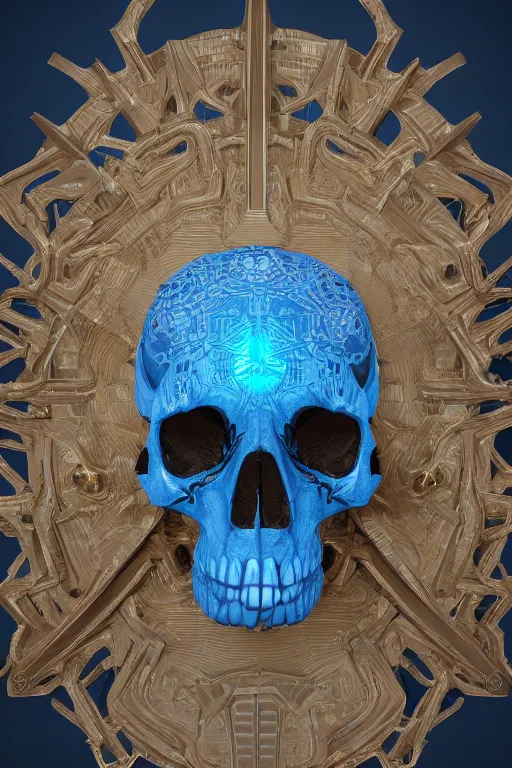 Image similar to hyperrealistic 3 d render skull, the skull is decorated with art deco gears patterns, hyperrealistic, volumetric lighting, ultra detailed, elegant, octane render, blue and gold, 8 k, trending on artstation, unreal engine