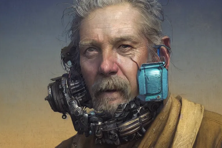 Prompt: A solarpunk very highly detailed farmer with very highly detailed face on the street of a very highly detailed solarpunk sci-fi city digital rational painting art by Greg Rutkowski, sci-fi highly detailed, digital concept art, Dimensional cyan gold natural light, sharp focus, Golden Ratio illustration, realistic concept art by Stephen Hickman and James Gurney and Hiromasa Ogura Ghost in the Shell rendered in Octane Render, From the distance