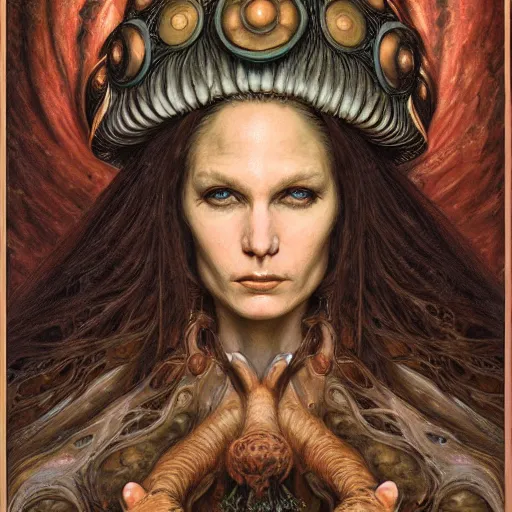 Image similar to portrait of a mushroom priestess, by gerald brom, donato giancola, and berthold woltze.