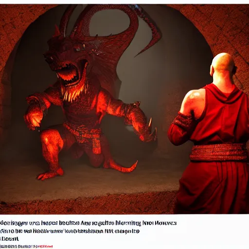 Prompt: A red Dragonborn monk, breathing fire at a huge troll that is climbing out of the Yawning Portal Tavern in Waterdeep, dynamic lighting, low angle, detailed acrylic painting, trending on artstation