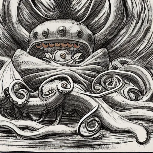 Prompt: an octopus have heated debate with a tuna, anthropomorphics, by Studio ghibli, Kentaro Miura, Hiromu Arakawa, Koyoharu Gotouge, Takeshi obata, concept art, golden ratio