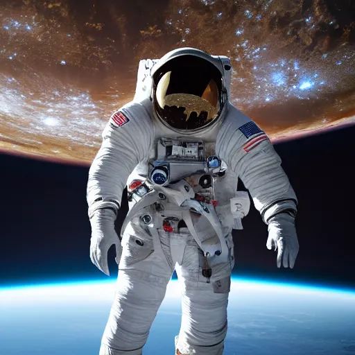 Image similar to photograph of an astronaut in space, singular light source from below, earth only visible below, darkness above, full body photo, amazing light and shadow contrast, 8 k