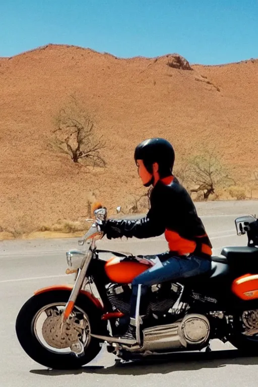 Prompt: photograph of naruto riding a harley davidson motorcycle down a desert highway