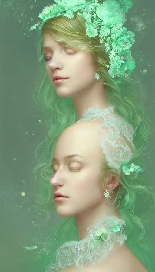 Image similar to Portrait of dreamy and ethereal women with light green eyes wearing mint green ornate frilly dress, peaceful expression, fantasy, intricate, elegant, beautiful, digital art, beautiful dynamic lighting, golden ratio, highly detailed, digital painting, trending on artstation, concept art, smooth, sharp focus, illustration, photo realistic, art by artgerm and greg rutkowski and alphonse mucha 8K