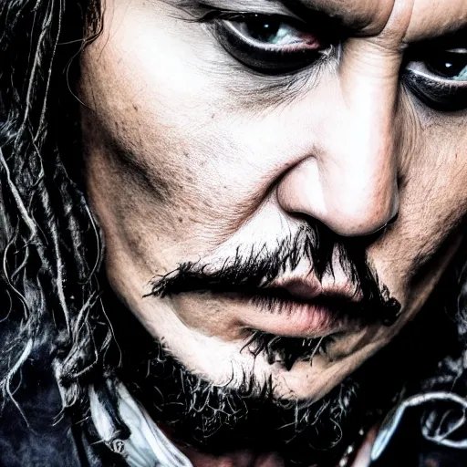 Image similar to portrait of johnny depp as the devil inpersonated, symmetrical, nikon 3 5 mm photography, ultrarealistic