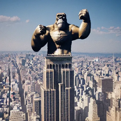 Image similar to 3 d render of king kong on top of the empire state building,